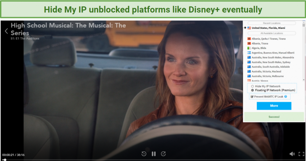 Screenshot showing Disneyplus streaming after connecting to a Hide My IP server in the US