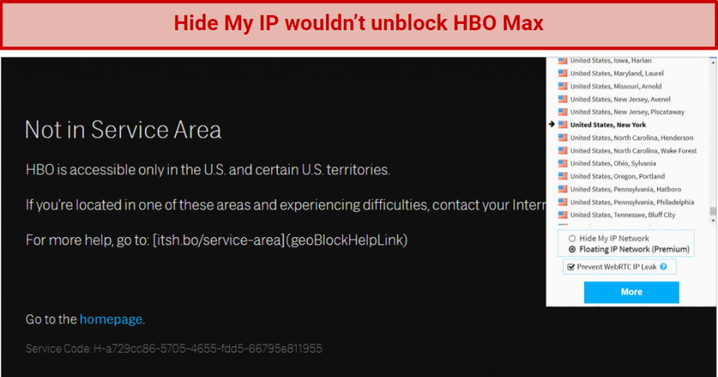 Screenshot showing HBO Max blocked after connecting to a Hide My IP server in the US