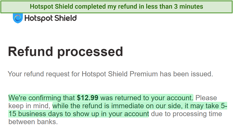 A screenshot confirming Hotspot Shield processes refunds