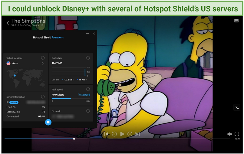 Captura de pantalla de Disney+ Player transmitiendo los Simpson mientras está conectado a un servidor de escudo de hotspot de EE. UU