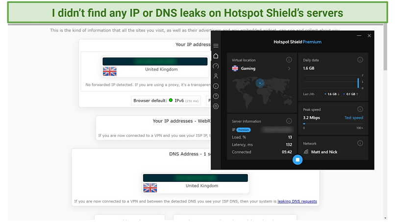 Screenshot of successful leak tests performed in ipleaknet while connected to Hotspot Shield