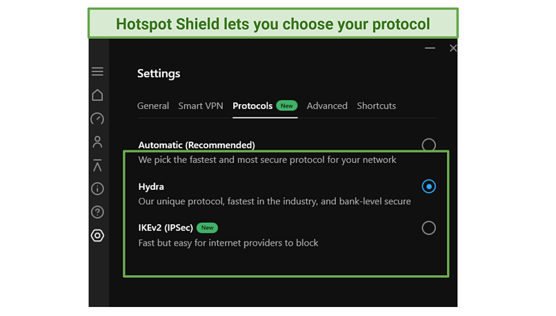 A screenshot of Hotspot Shield's UI on Windows, showing a choice of secure tunneling protocols