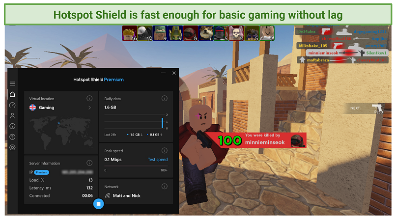 Screenshot of Roblox being played online while connected to Hotspot Shield