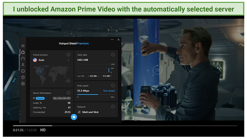 Screenshot of Amazon Prime Video Player streaming Prometheus while connected to Hotspot Shield