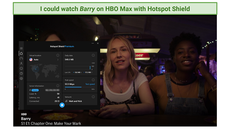 Screenshot of HBO Max player streaming Barry while connected to Hotspot Shield