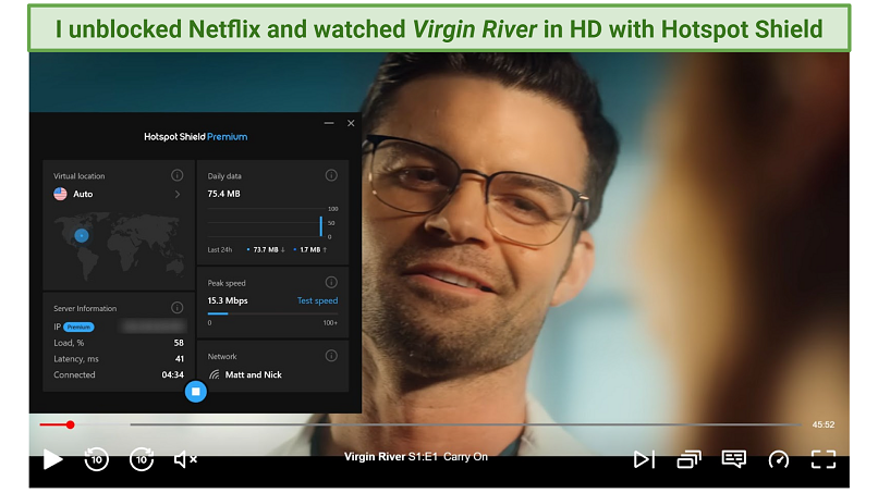 Screenshot of Netflix player streaming Virgin River while connected to Hotspot Shield