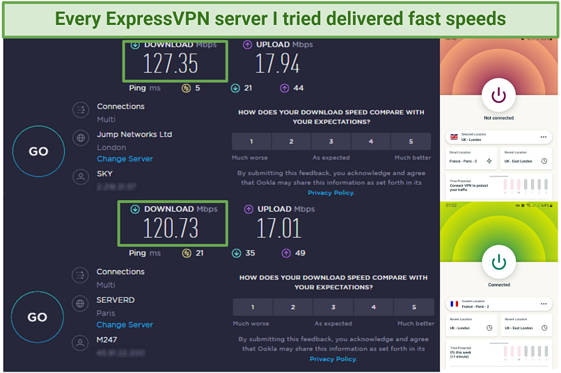A screenshot showing ExpressVPN delivers fast speeds on Android