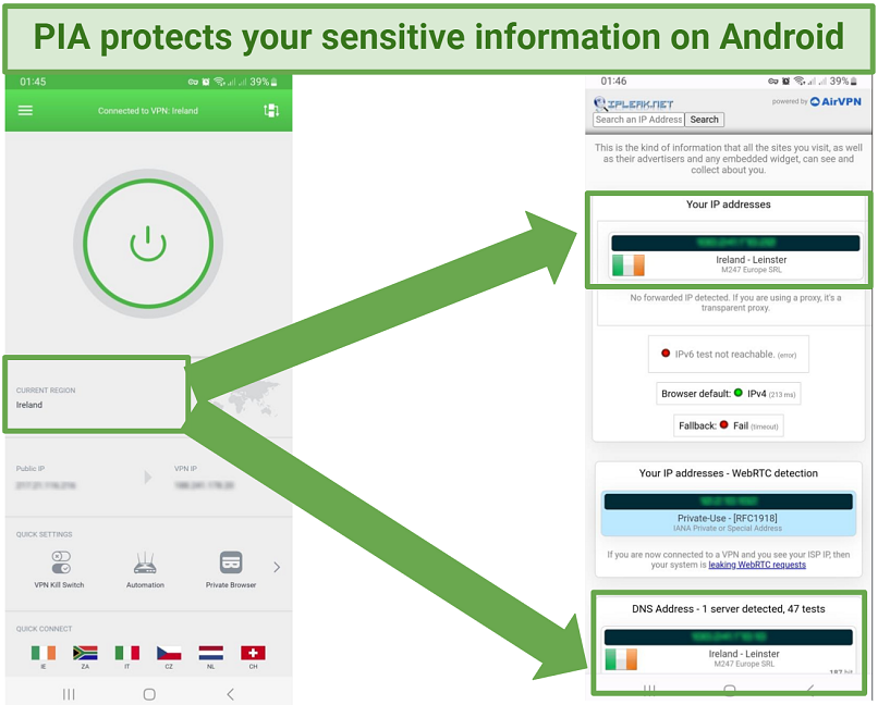 A screenshot showing PIA's Android app doesn't leak sensitive information