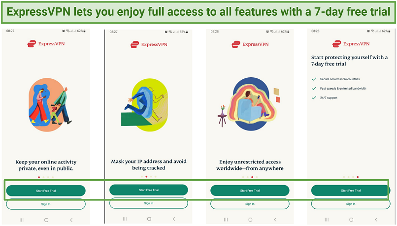 A screenshot showing ExpressVPN's app for Android comes with a free trial