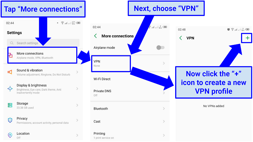 A screenshot showing how to access and create a VPN profile using L2TP or PPTP protocols on Android