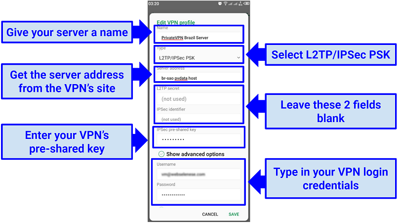 A screenshot showing the fields you need to fill to create an active profile with the free built-in VPN for Android