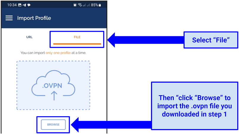A screenshot showing OpenVPN Connect's home screen