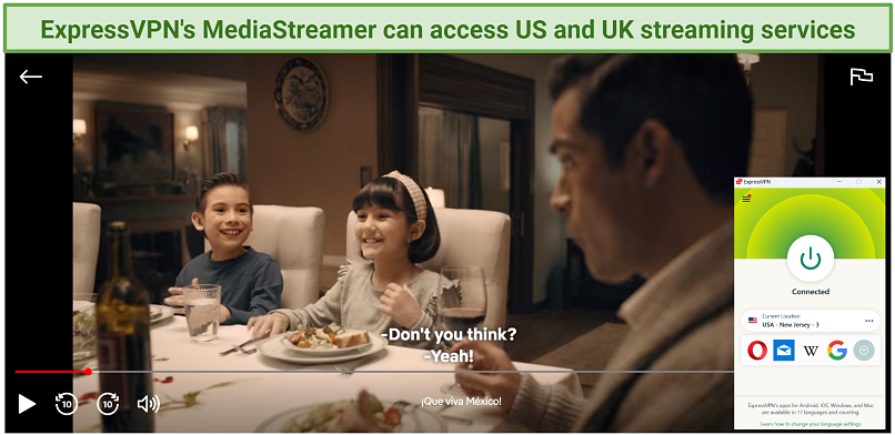 Screenshot showing ExpressVPN MediaStreamer accessing Netflix US when connected to a New Jersey server