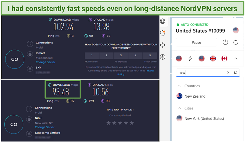 Screenshot showing NordVPN's speeds while connected to a long-distance server in the US