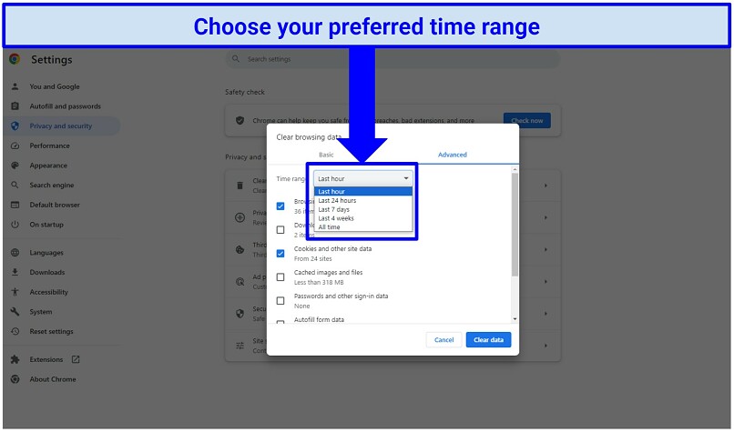 Screenshot showing the available time range options for deleting your browser history on Google Chrome