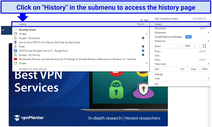 Screenshot showing how to access the history tab on Google Chrome