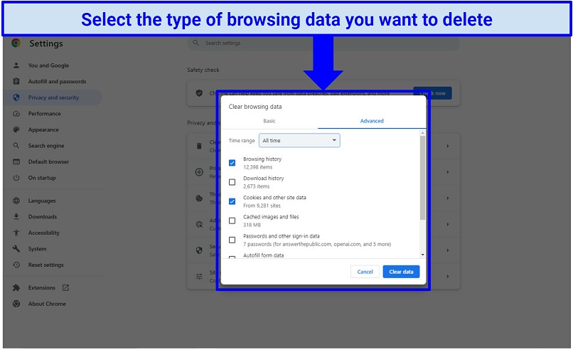 Screenshot showing the types of browsing data you can delete on Google Chrome