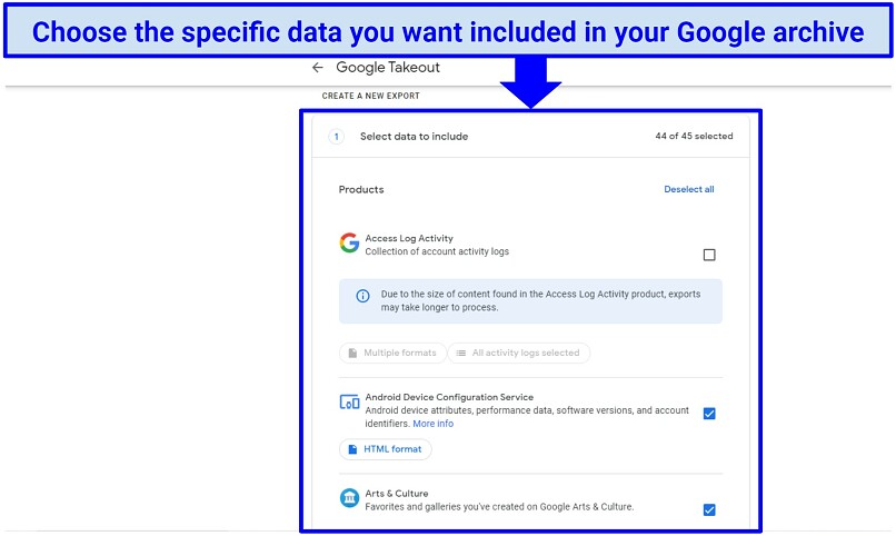 Screenshot showing the Google Takeout homepage