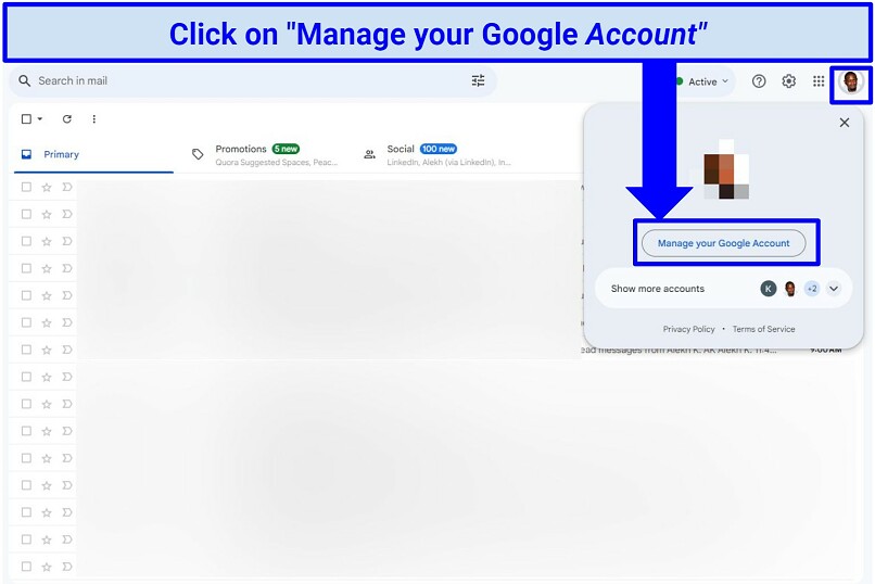 Screenshot showing how to access the Google account settings page