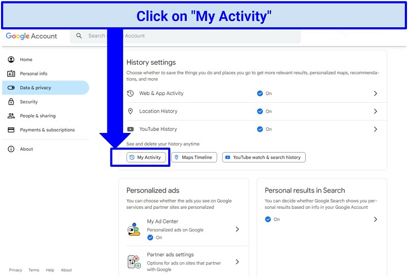Screenshot of the Data and Privacy page in Google's account management settings