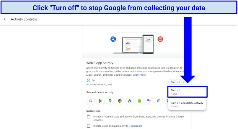 Screenshot showing the Google Web & App Activity control page