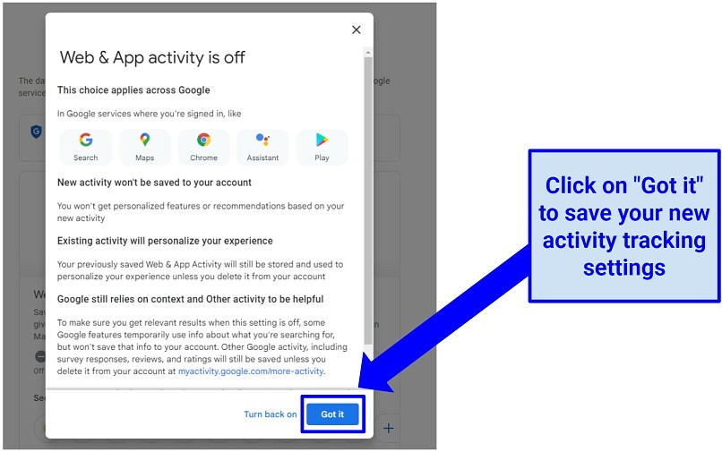 Screenshot showing the confirmation page for Google activity tracking settings