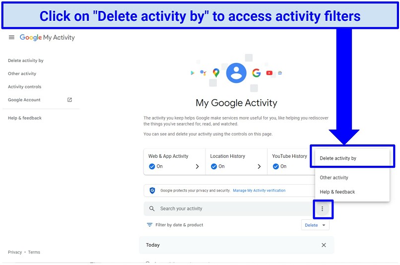 Screenshot showing how to initiate the search history deletion process on your Google account
