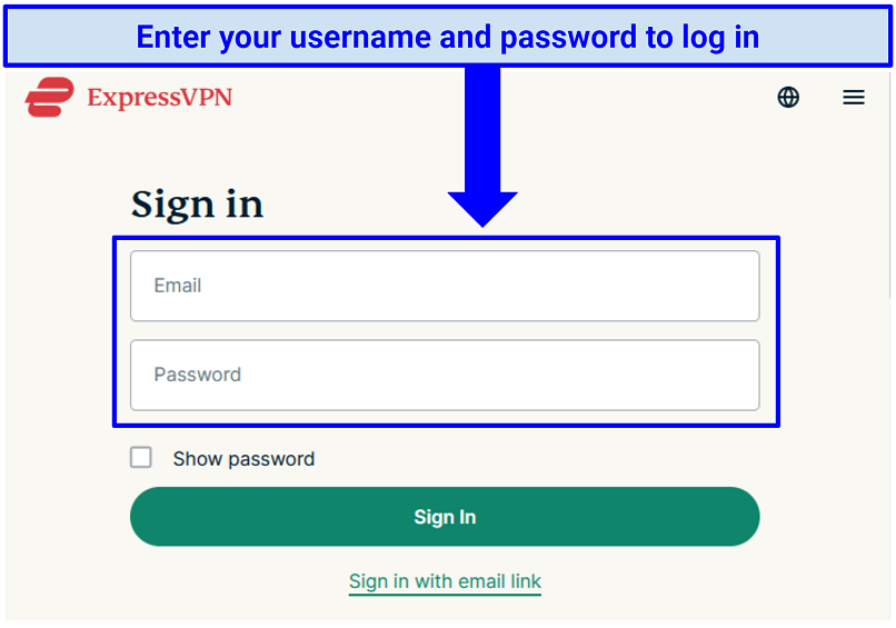 A screenshot showing ExpressVPN's log in page