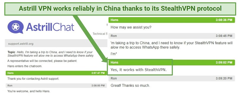 Screenshot of a chat correspondence with Astrill VPN's support representative about the effectiveness of its StealthVPN protocol in China