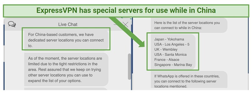 Screenshot of a chat with ExpressVPN's support about its dedicated servers in China