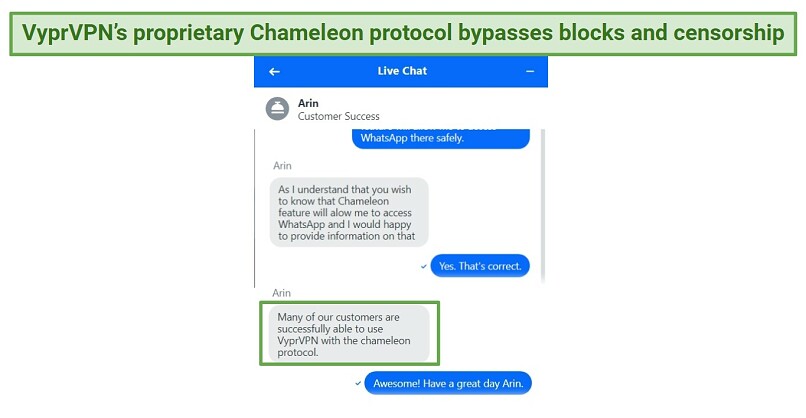 Screenshot of a chat with VyprVPN's support about using Chameleon protocol in China