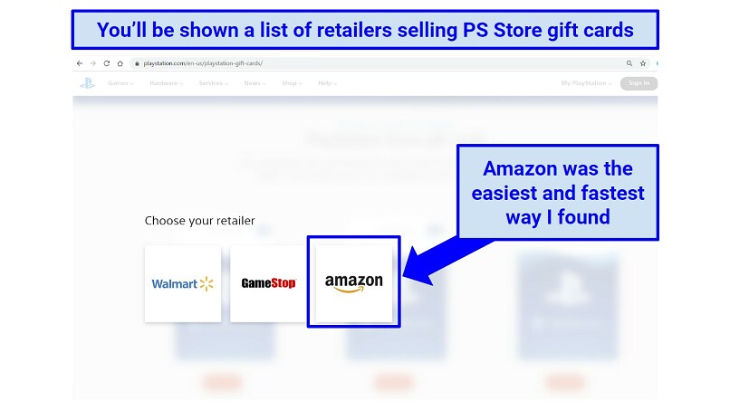 Screenshot of PlayStation Store Gift Card retailers: Amazon, GameStop, and Walmart