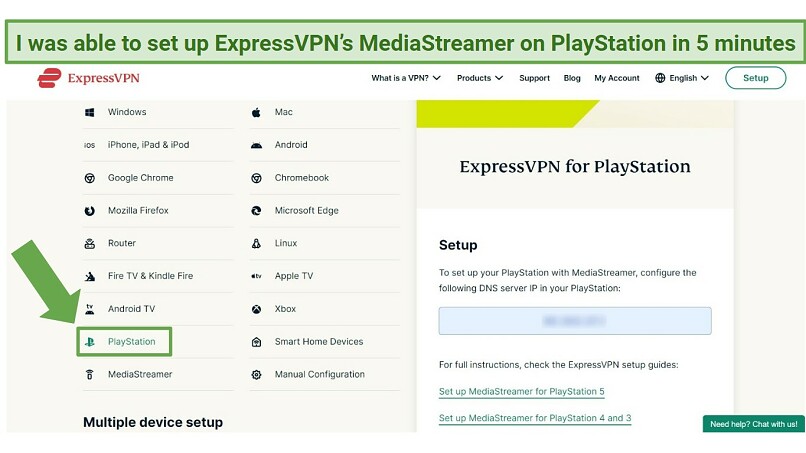 Screenshot of ExpressVPN's MediaStreamer setup page for PlayStation