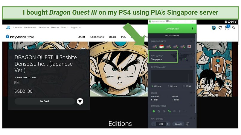 Screenshot of the Dragon Quest III game on the PlayStation Store with PIA's app connected to a server in Singapore