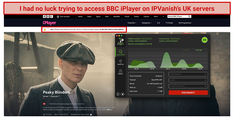 Graphic showing IPVanish with BBC iPlayer