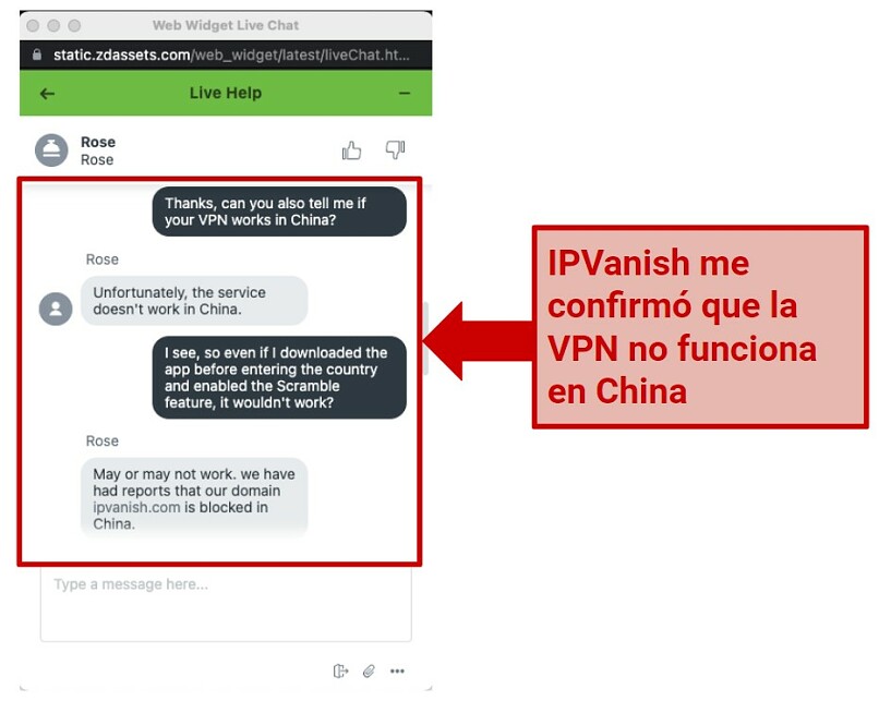Graphic showing IPvanish chat about China