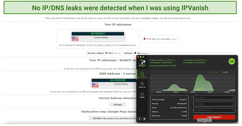 IPvanish로 DNS 누출 테스트를 보여주는 그래픽
