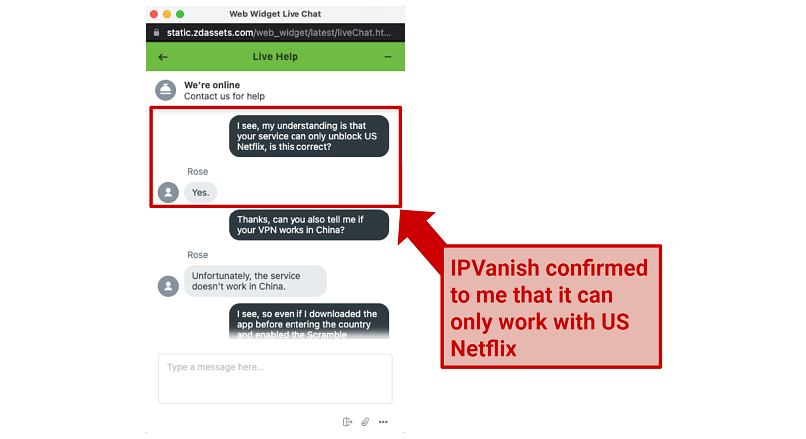 Graphic showing IPVanish Netflix chat