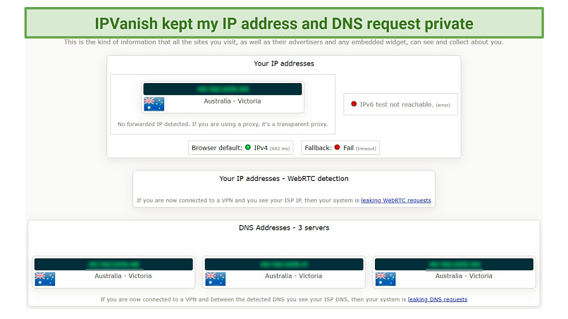 A screenshot showing IPVanish kept my IP address and DNS request secure while using Kodi add-ons