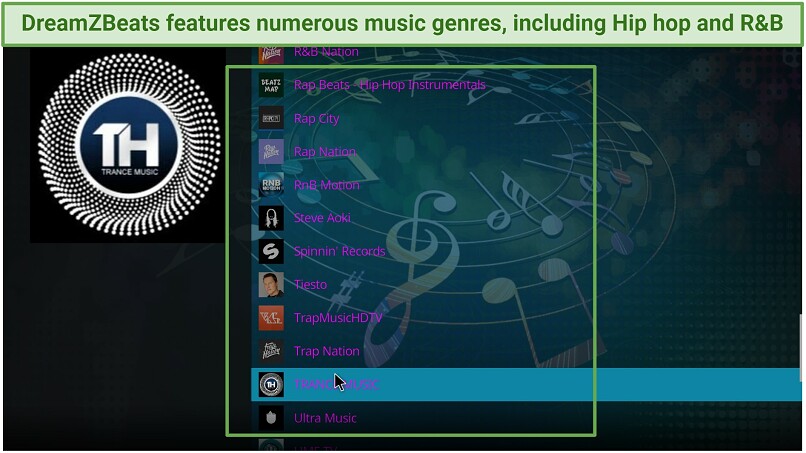 A screenshot showing DreamZBeats Kodi addon features various music genres