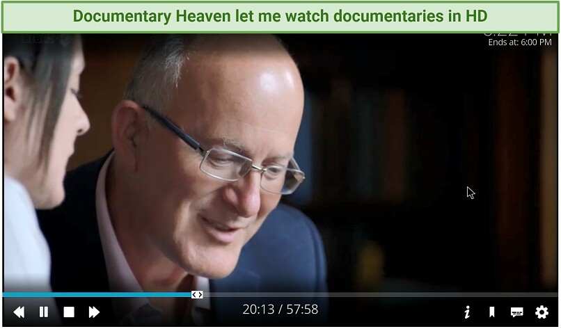 A screenshot showing you can use the Documentary Heaven addon to watch documentaries in HD quality.