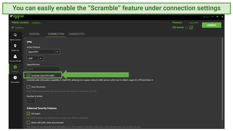 Screenshot showing the Scramble feature in IPVanish VPN's connection settings menu