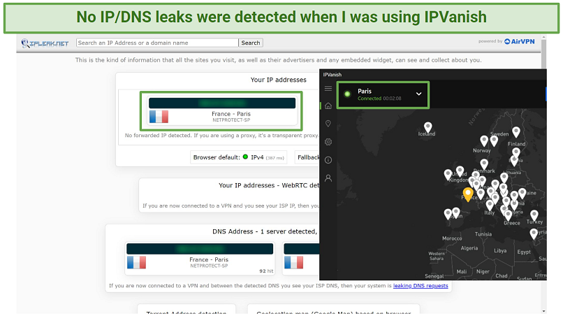Screenshot of IPVanish passing IP/DNS leak test on French server