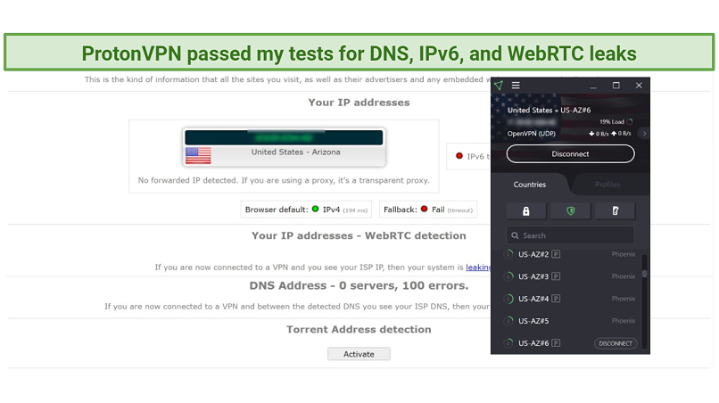 Screenshot of ProtonVPN connected to the AZ#6 server during a test on ipleak.net