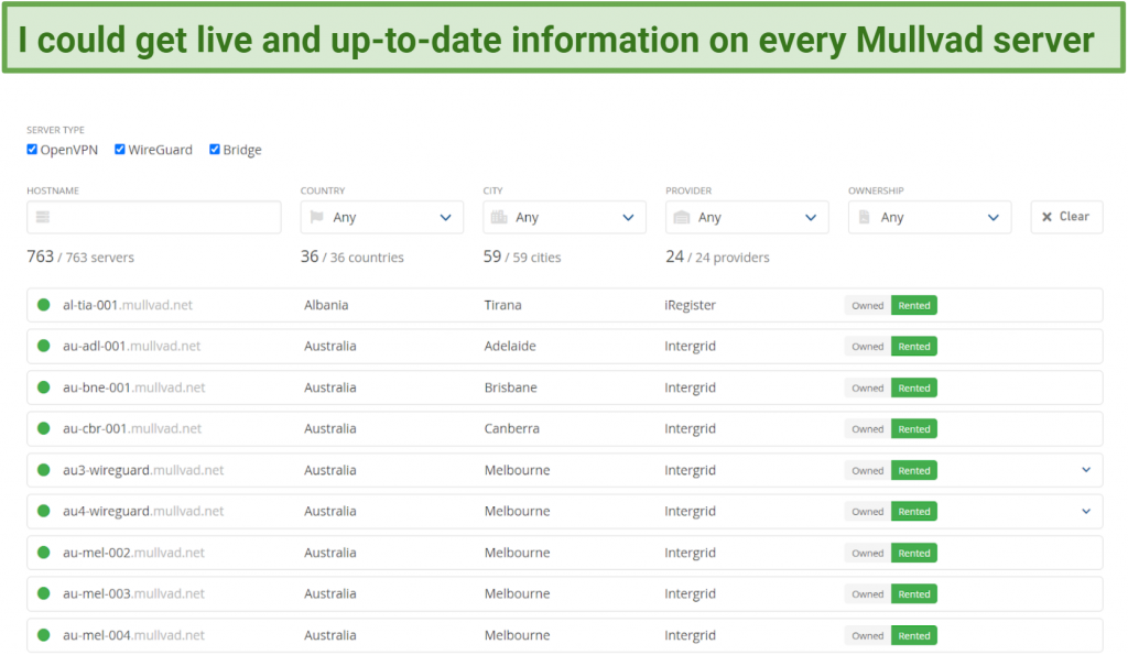 Graphic showing Mullvad VPN's server page