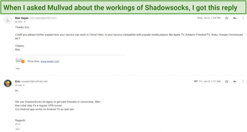 Graphic showing Mullvad email about China