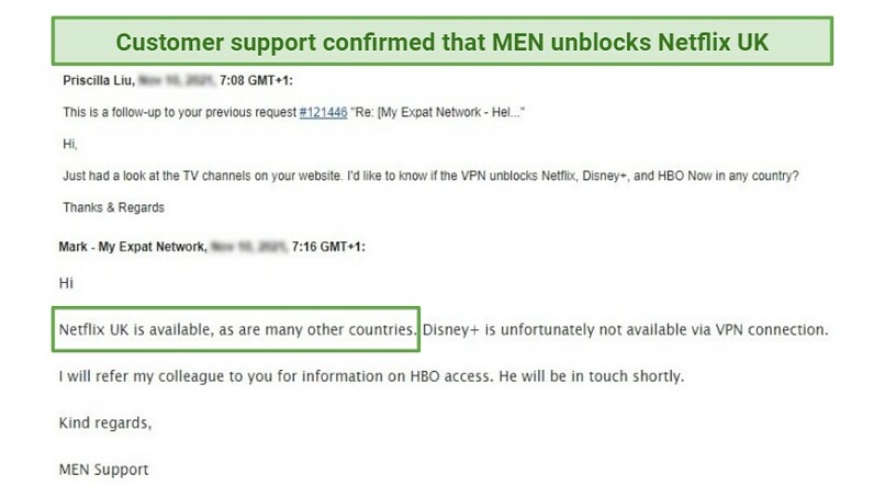 A screenshot of MEN’s response about streaming Netflix, Disney+, and HBO Now