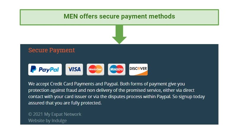 A screenshot of the payment methods that MEN supports
