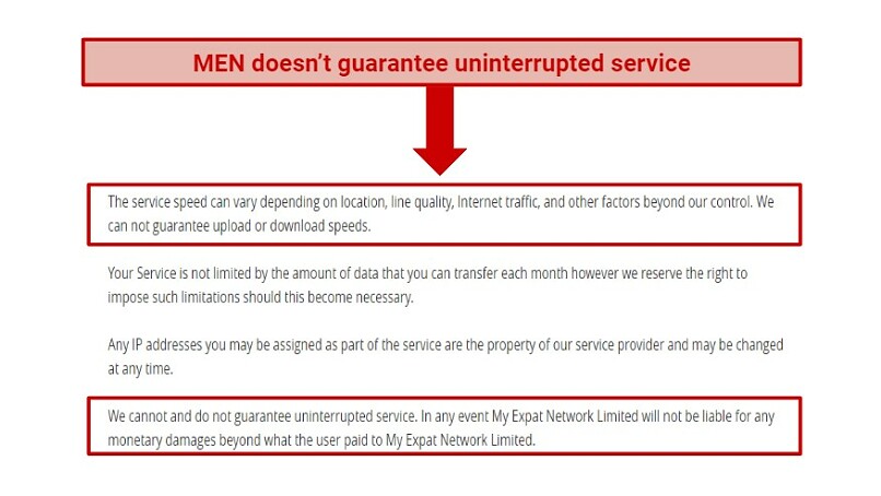 A screenshot from MEN's Terms & Conditions where it elaborates on its speeds