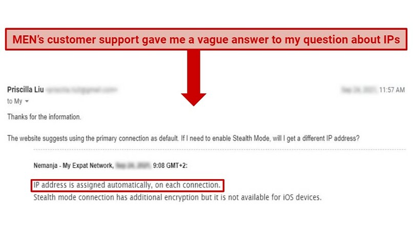 A screenshot of my email exchange with MEN's support rep about the IPs it assigns on stealth and regular servers